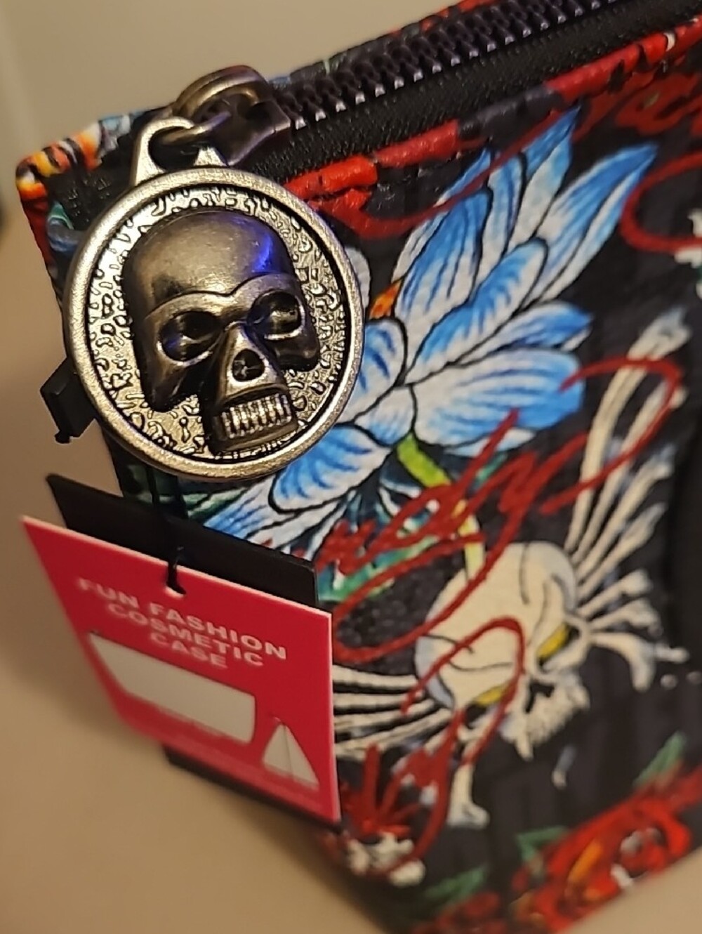 Ed Hardy Black Floral Skull Cosmetic Pouch with Red Heart Accent - Picture 3 of 7